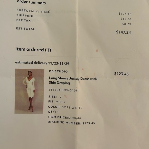 Long sleeve white jersey dress with side draping. NWT Size 12. - Picture 6 of 6